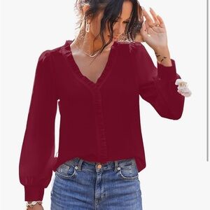 Maroon long sleeve blouse size large with ruffle detail